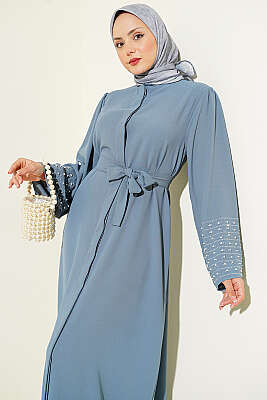 Kolları İnci Süslemeli Abaya Kayrak Grisi - Elbise