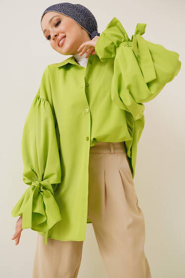 Kolları İp Bağlamalı Oversize Gömlek Fıstık Yeşili - Gömlek