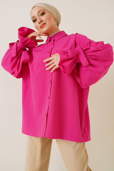 Kolları İp Bağlamalı Oversize Gömlek Fuşya - Gömlek