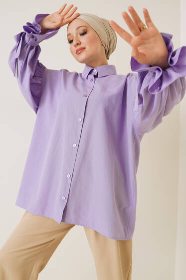 Kolları İp Bağlamalı Oversize Gömlek Lila - Gömlek