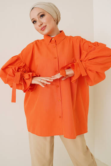 Kolları İp Bağlamalı Oversize Gömlek Oranj - Gömlek