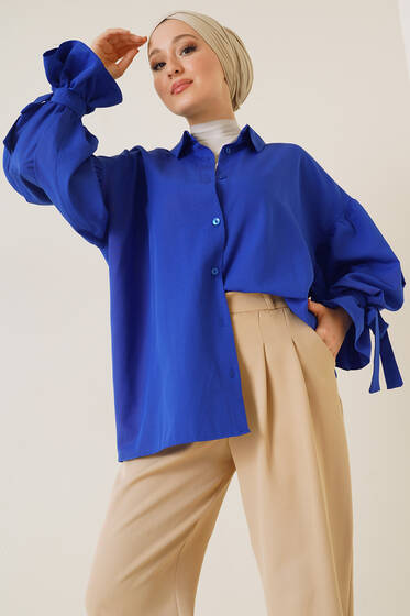 Kolları İp Bağlamalı Oversize Gömlek Saks - Gömlek