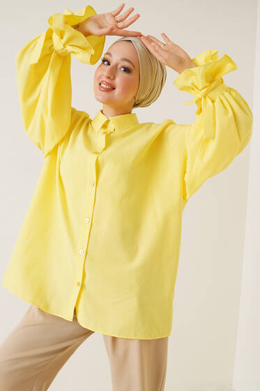 Kolları İp Bağlamalı Oversize Gömlek Sarı - Gömlek
