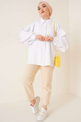 Kolları Kat Kat Gömlek Beyaz - Gömlek