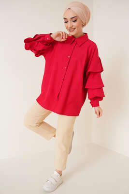 Kolları Kat Kat Gömlek Kırmızı - Gömlek