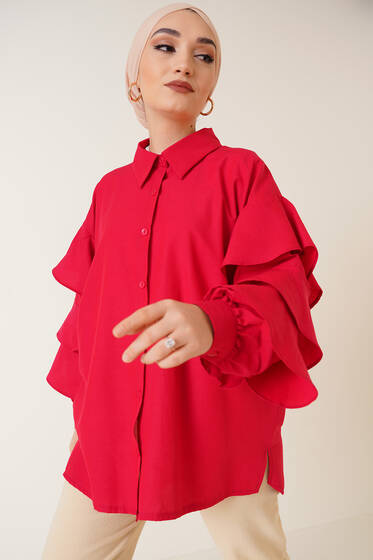 Kolları Kat Kat Gömlek Kırmızı - Gömlek