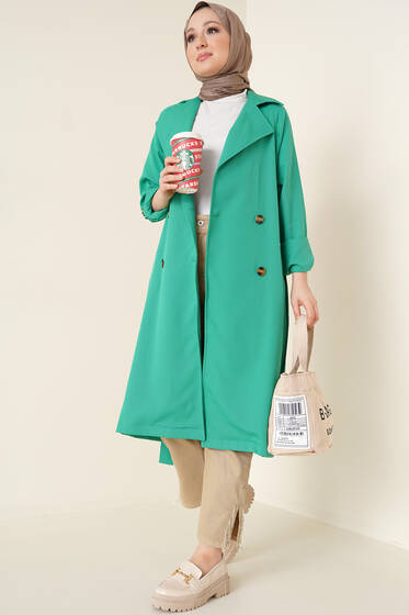 Kolları Katlamalı Kuşaklı Trençkot Yeşil - Trençkot