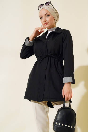 Kolları Katlamalı Trençkot Siyah - Trençkot