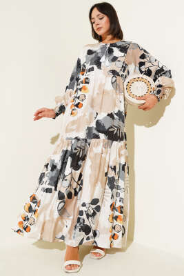 Kolları Lastikli Desenli Elbise Füme 