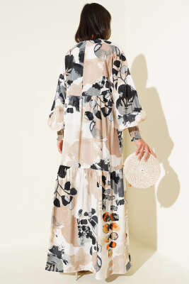 Kolları Lastikli Desenli Elbise Füme - Tesettür Elbise