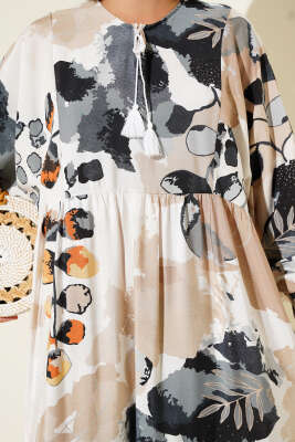 Kolları Lastikli Desenli Elbise Füme - Tesettür Elbise