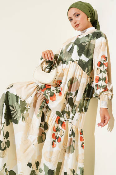 Kolları Lastikli Desenli Elbise Haki - Elbise