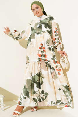 Kolları Lastikli Desenli Elbise Haki - Tesettür Elbise