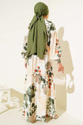 Kolları Lastikli Desenli Elbise Haki - Tesettür Elbise