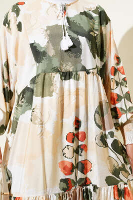 Kolları Lastikli Desenli Elbise Haki - Tesettür Elbise