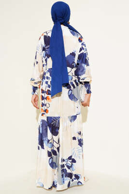 Kolları Lastikli Desenli Elbise Lacivert - Tesettür Elbise