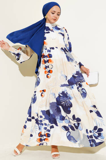 Kolları Lastikli Desenli Elbise Lacivert - Tesettür Elbise