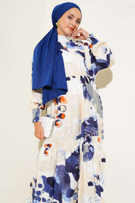 Kolları Lastikli Desenli Elbise Lacivert - Tesettür Elbise