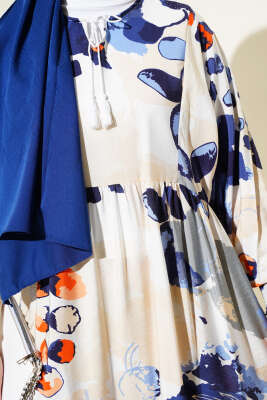 Kolları Lastikli Desenli Elbise Lacivert - Tesettür Elbise