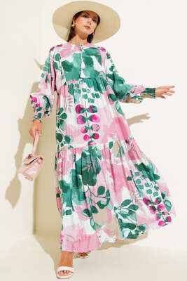 Kolları Lastikli Desenli Elbise Pudra 