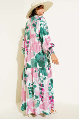 Kolları Lastikli Desenli Elbise Pudra - Tesettür Elbise