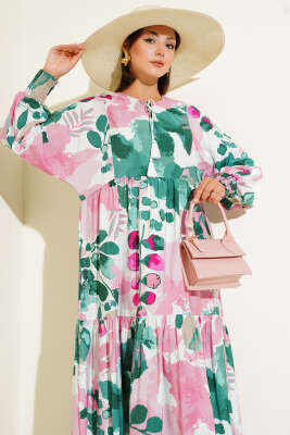 Kolları Lastikli Desenli Elbise Pudra - Tesettür Elbise