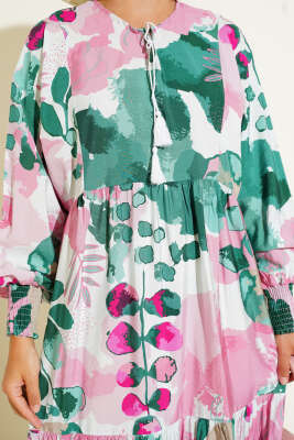 Kolları Lastikli Desenli Elbise Pudra - Tesettür Elbise