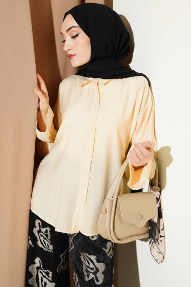 Kolları Lastikli Krinkıl Gömlek Bej - Gömlek