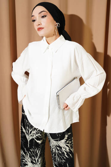 Kolları Lastikli Krinkıl Gömlek Ekru - Gömlek