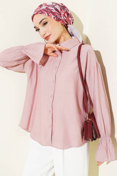 Kolları Lastikli Krinkıl Gömlek Gül Kurusu - Yılın Fırsatı