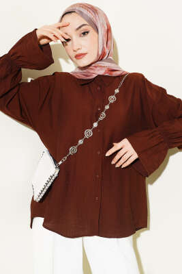 Kolları Lastikli Krinkıl Gömlek Kahve 