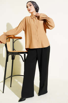 Kolları Lastikli Krinkıl Gömlek Latte - Gömlek