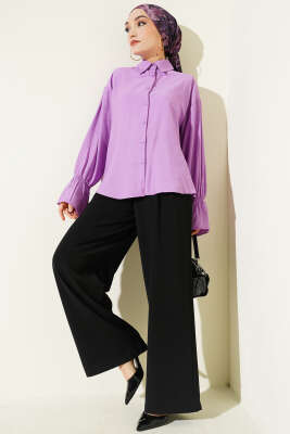 Kolları Lastikli Krinkıl Gömlek Lila - Gömlek