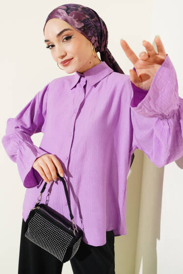 Kolları Lastikli Krinkıl Gömlek Lila - Yılın Fırsatı