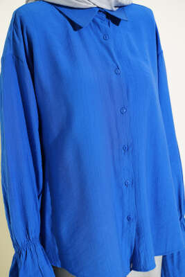 Kolları Lastikli Krinkıl Gömlek Saks - Gömlek