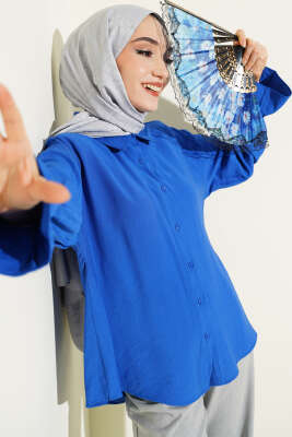 Kolları Lastikli Krinkıl Gömlek Saks - BIGDART