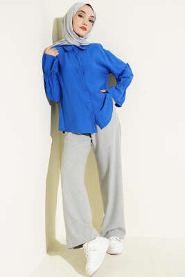 Kolları Lastikli Krinkıl Gömlek Saks - Gömlek