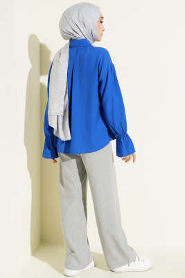 Kolları Lastikli Krinkıl Gömlek Saks - Gömlek