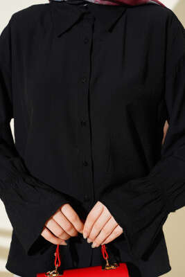 Kolları Lastikli Krinkıl Gömlek Siyah - Gömlek