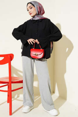 Kolları Lastikli Krinkıl Gömlek Siyah - Gömlek