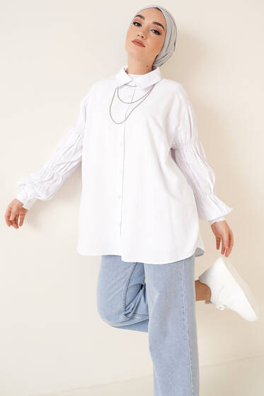 Kolları Lastikli Oversize Gömlek Beyaz - Gömlek
