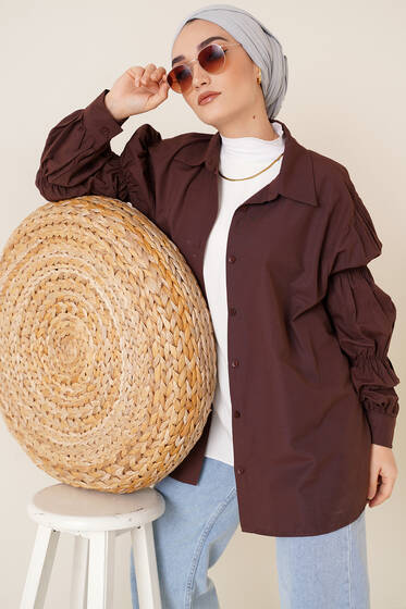 Kolları Lastikli Oversize Gömlek Kahve - Gömlek