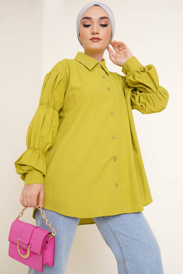 Kolları Lastikli Oversize Gömlek Neon Yeşil - Gömlek