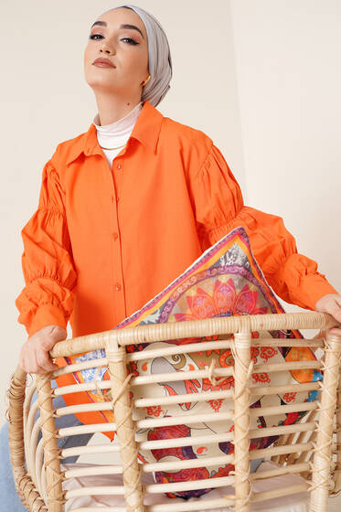 Kolları Lastikli Oversize Gömlek Oranj - Gömlek