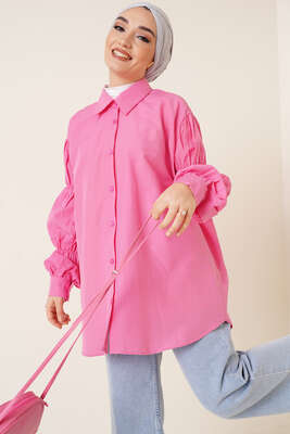 Kolları Lastikli Oversize Gömlek Pembe 