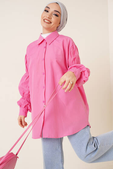 Kolları Lastikli Oversize Gömlek Pembe - Gömlek
