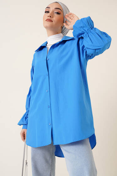 Kolları Lastikli Oversize Gömlek Saks - Gömlek