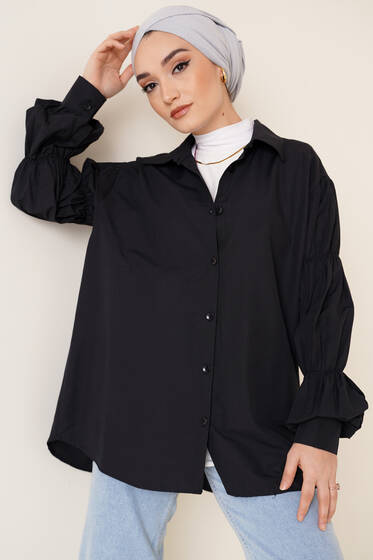 Kolları Lastikli Oversize Gömlek Siyah - Gömlek