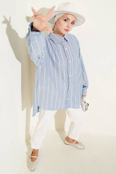 Kolları Manşetli İnce Çizgili Keten Gömlek Mavi - Gömlek