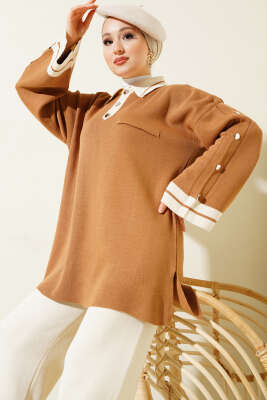 Kolları Metal Düğme Detaylı Triko Takım Bisküvi - İkili Takım